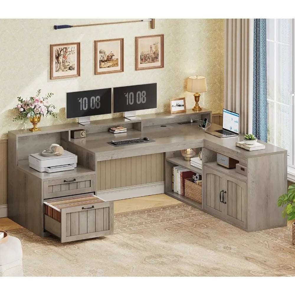 Lennor gray farmhouse L-shaped office desk with upper monitor stand and storage