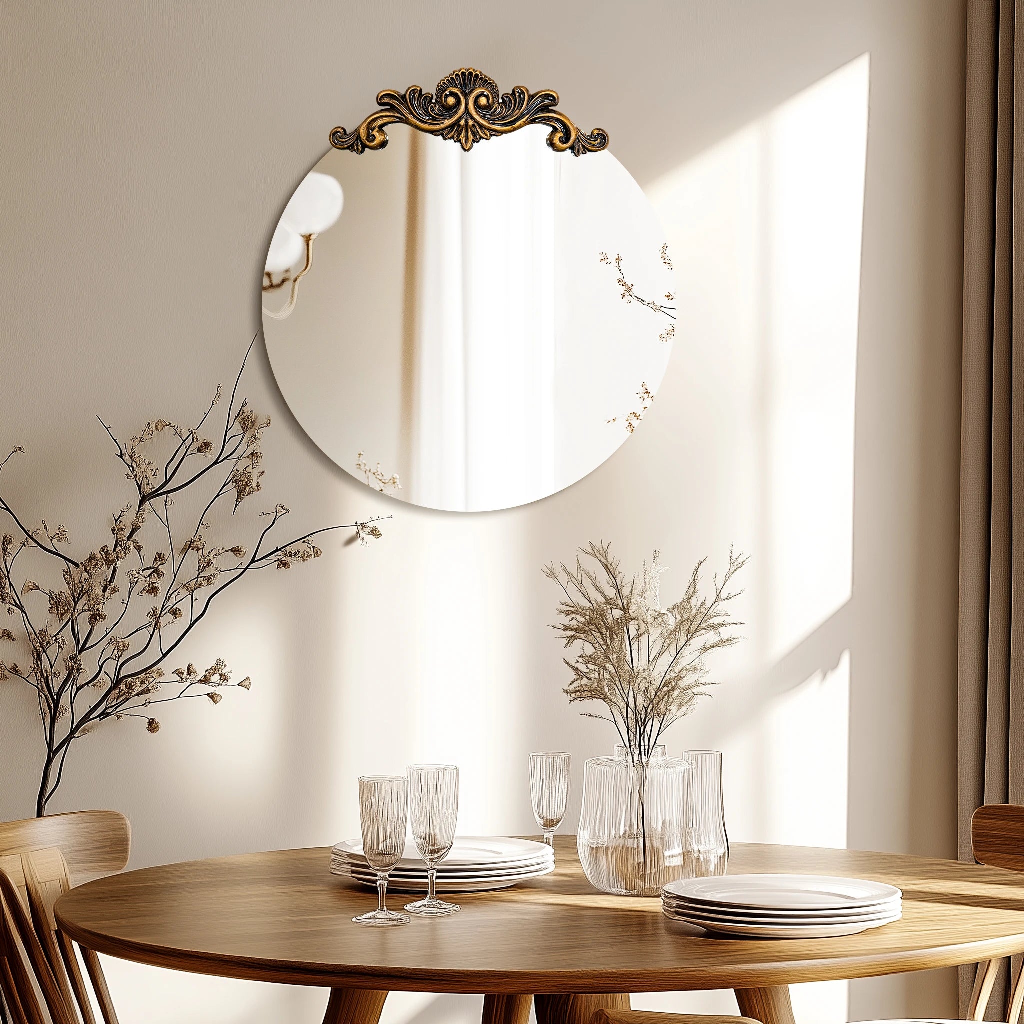 Oval & Round Baroque Wall Mirror with Ornate Crest