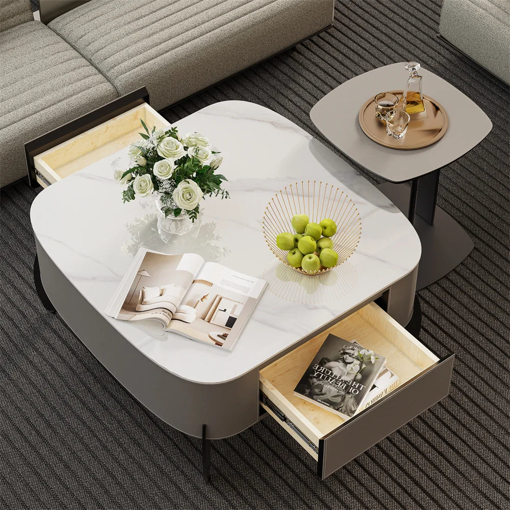 Cinderloom coffee table showing two drawers on opposite sides, beside a separate accent table
