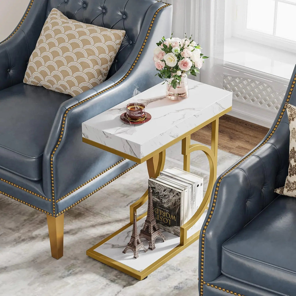 C-Shaped Faux Marble End Table