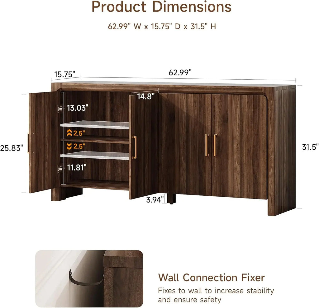 Cloudlark sideboard dimension diagram with open door, adjustable shelf references and wall-connection detail