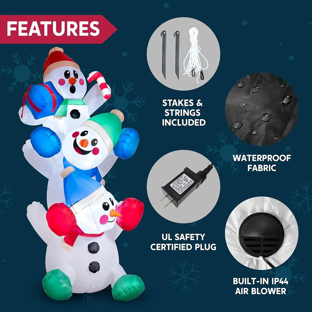 Snowtumble fabric, built-in blower, power adapter, ground stakes and tether accessories.