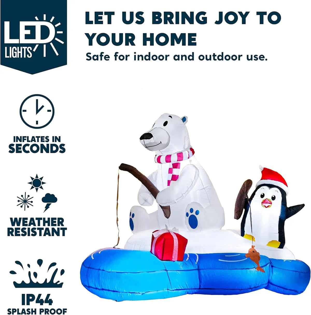 Frostcast polar bear and penguin Christmas inflatable with lighting and setup feature callouts.