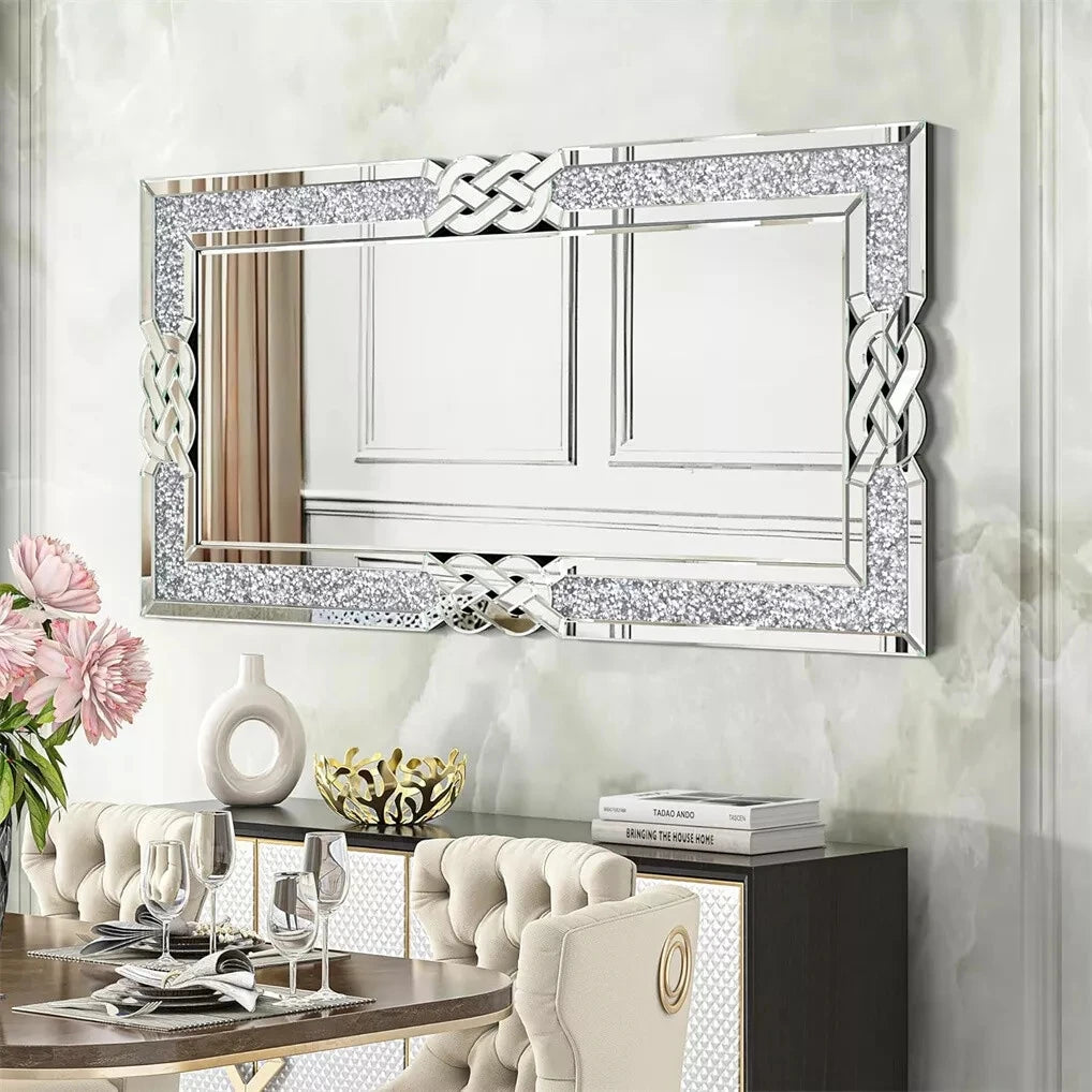 Crushed Diamond Rectangular Wall Mirror – Silver Crystal Frame