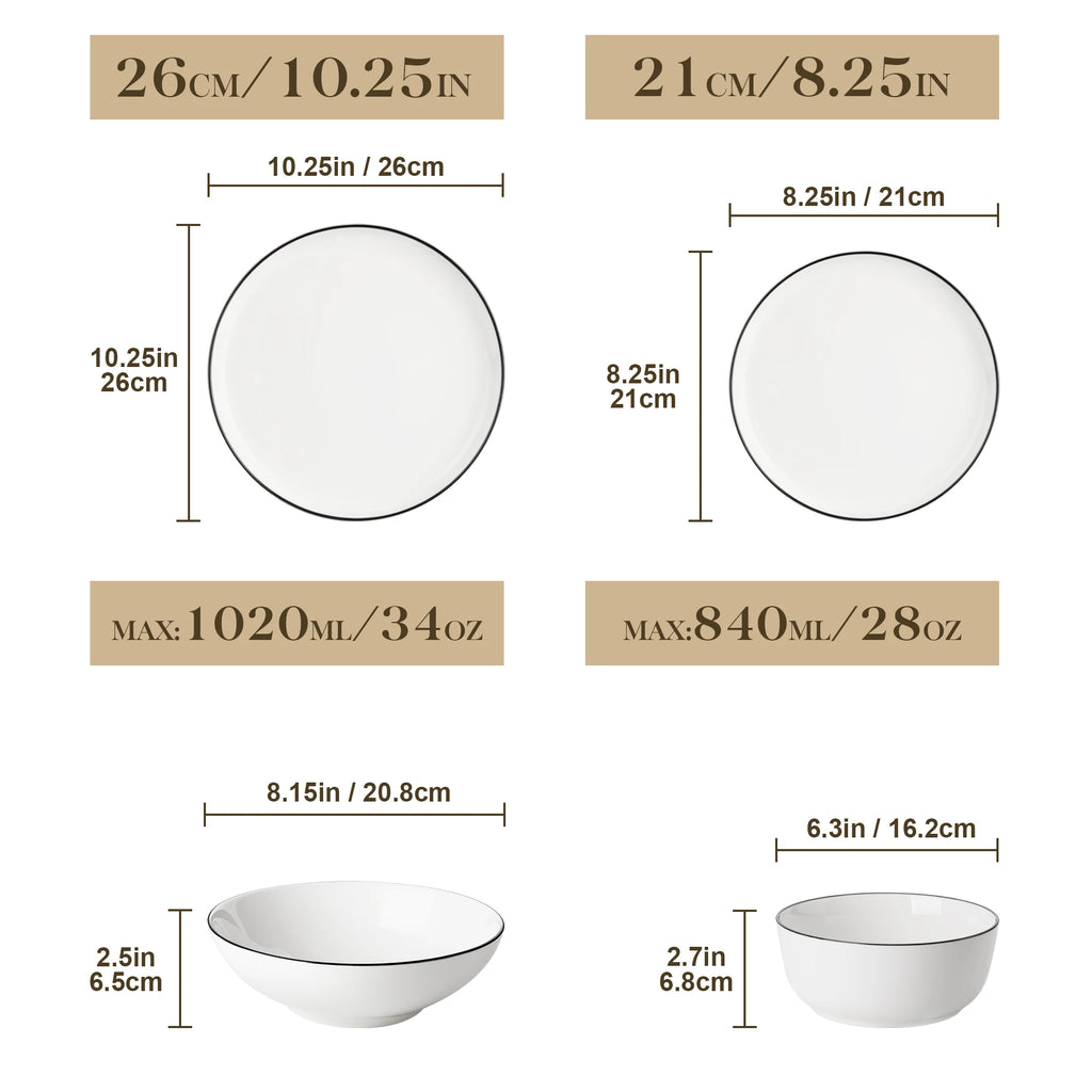 MALACASA Porcelain Dinnerware Set – White or White with Black Rim, 12–24 Pieces
