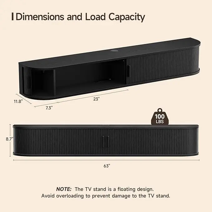 Black 63-inch cabinet diagram showing 11.8-inch depth, 8.7-inch height, 7.3- and 23-inch sections and a 100 lbs load label.