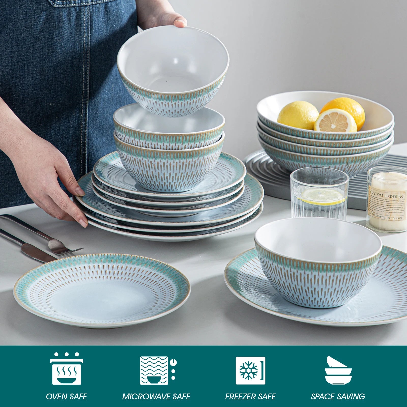 VANCASSO Pluvo Spring Series Stoneware Dinnerware Set – Green Trim, 16/32/48 Pieces
