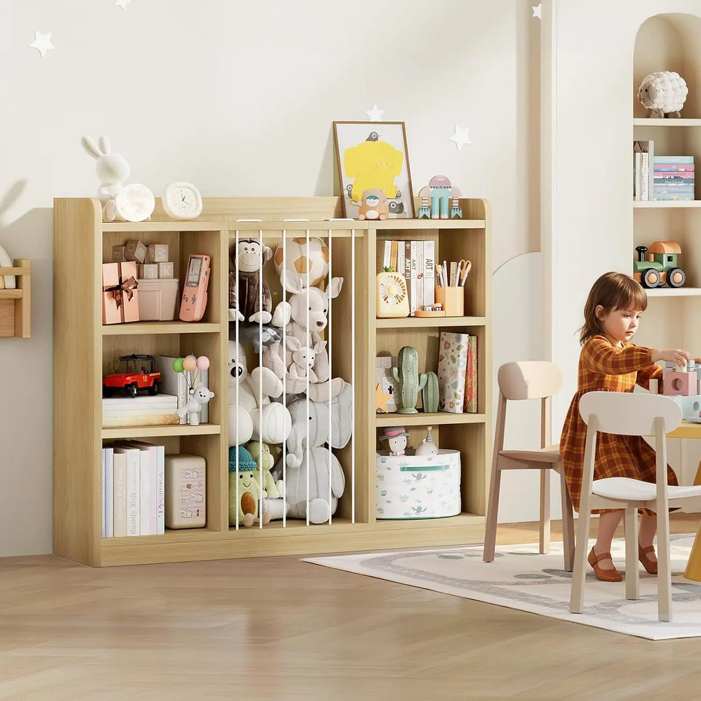 Light Yellow toy and book organizer with three cubbies on each side of a tall stuffed-animal compartment.
