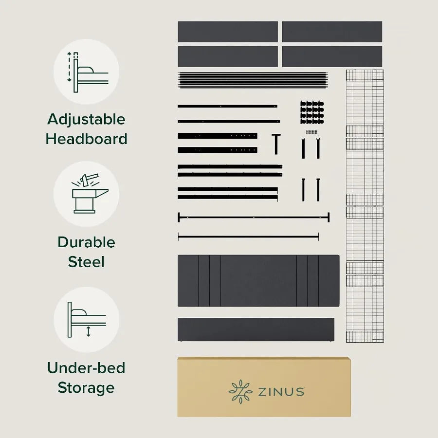 Bed components laid out above a Zinus-branded box with steel frame and underbed storage callouts.