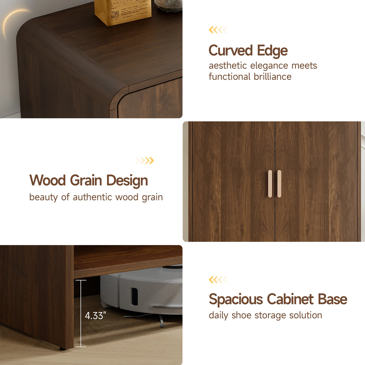 Hushline Brown Walnut curved edge, woodgrain finish and 4.33-inch floor clearance.