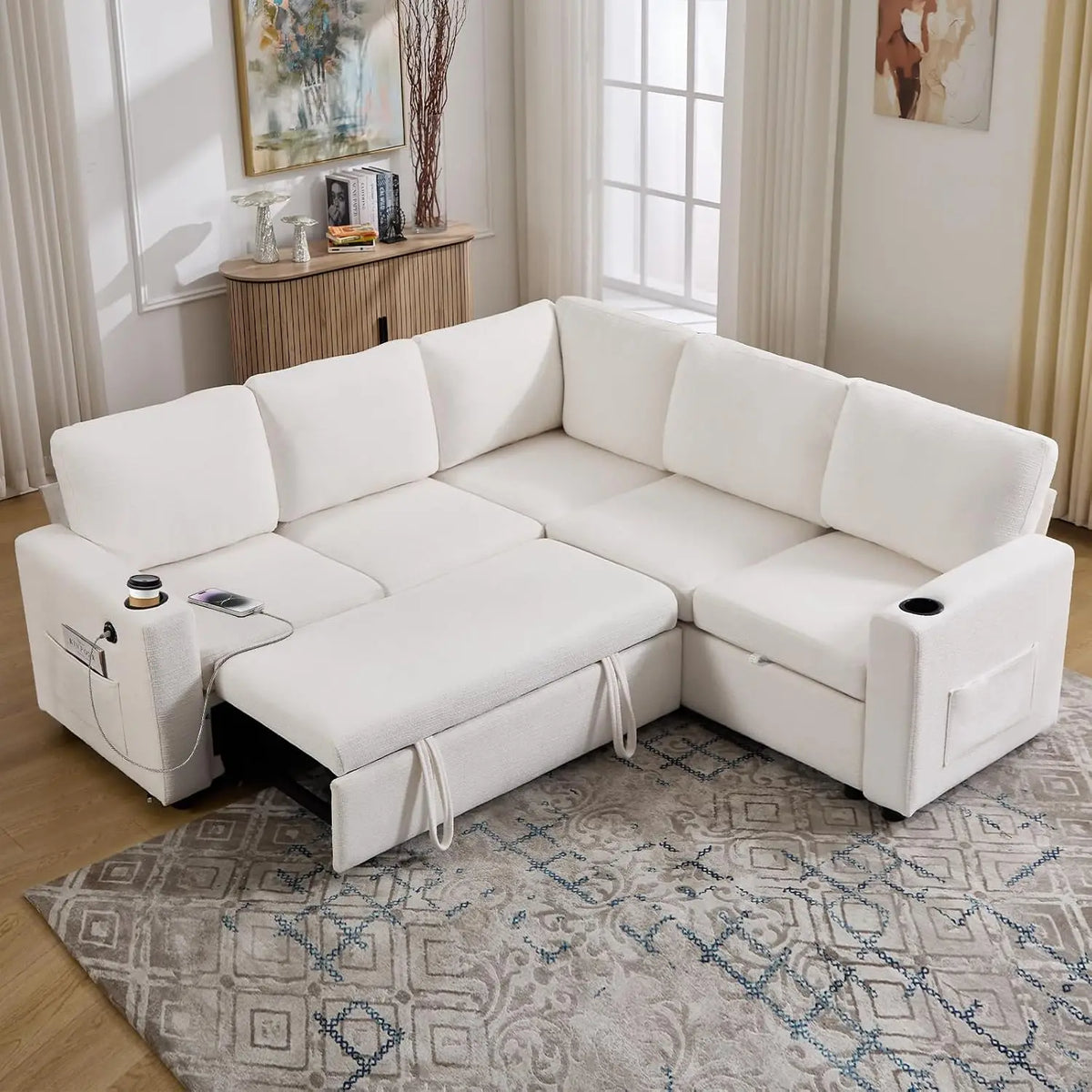 Tovelle Beige corner sleeper sectional with pull-out extension