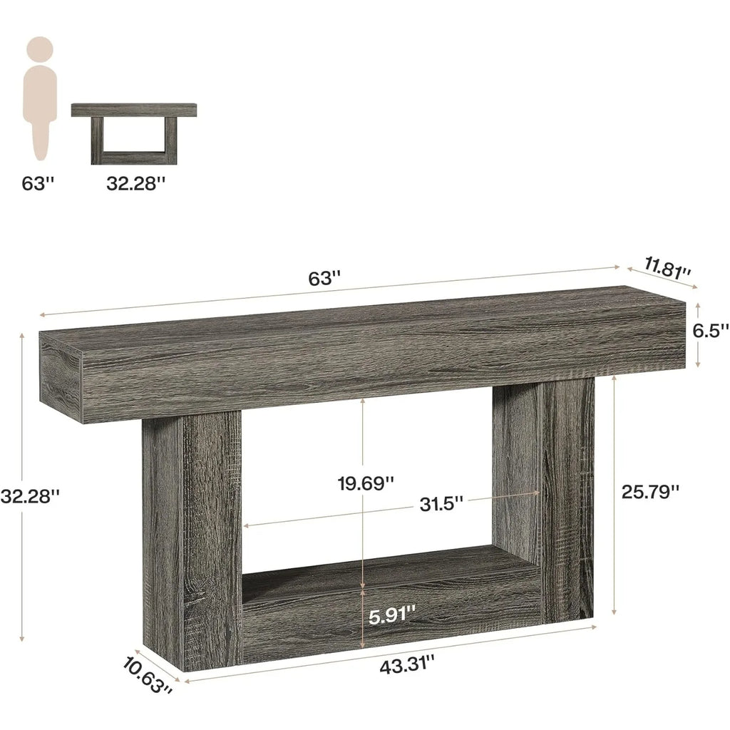 Wooden console table with dimensions labeled on a white background