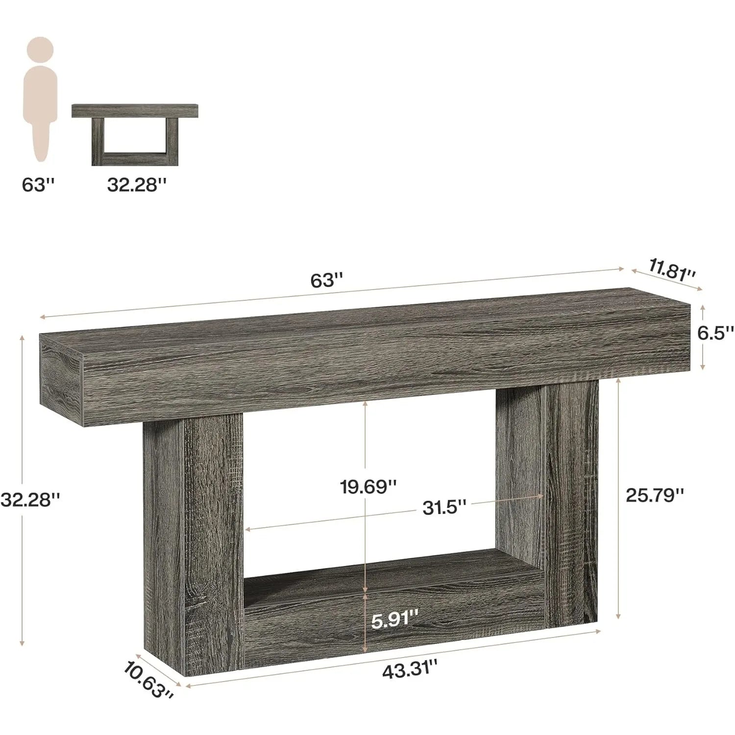 Wooden console table with dimensions labeled on a white background
