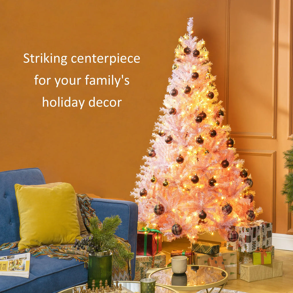 Decorated Ripplesong pink Christmas tree beside a blue sofa