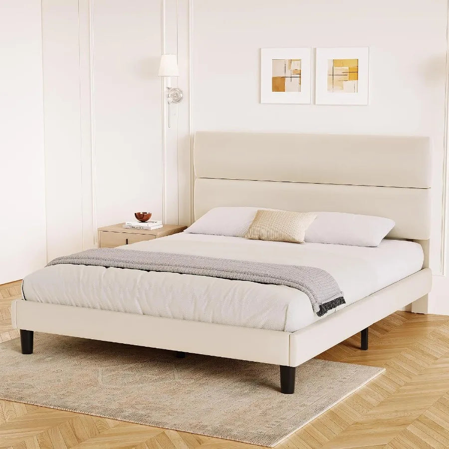 Three-quarter bedroom view of the beige platform bed