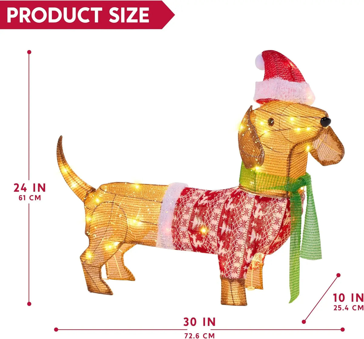 Kipwick lighted dachshund dimensions showing 30-inch length, 10-inch width and 24-inch height including the hat