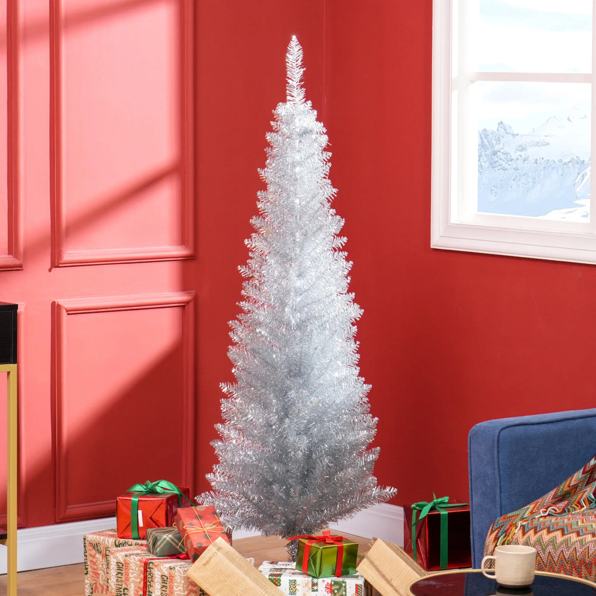 Silverspire silver artificial Christmas tree displayed in an indoor holiday setting