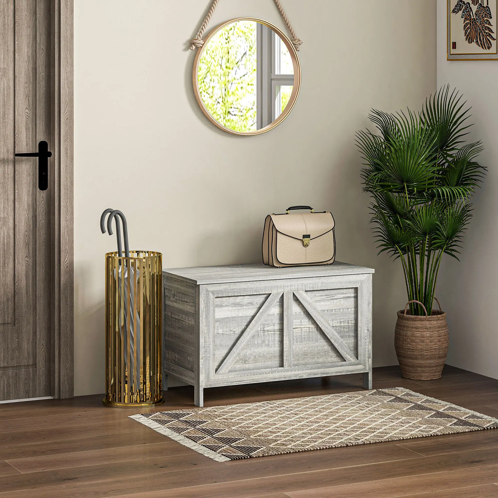 Greywick compact storage bench styled beneath a mirror in an entryway