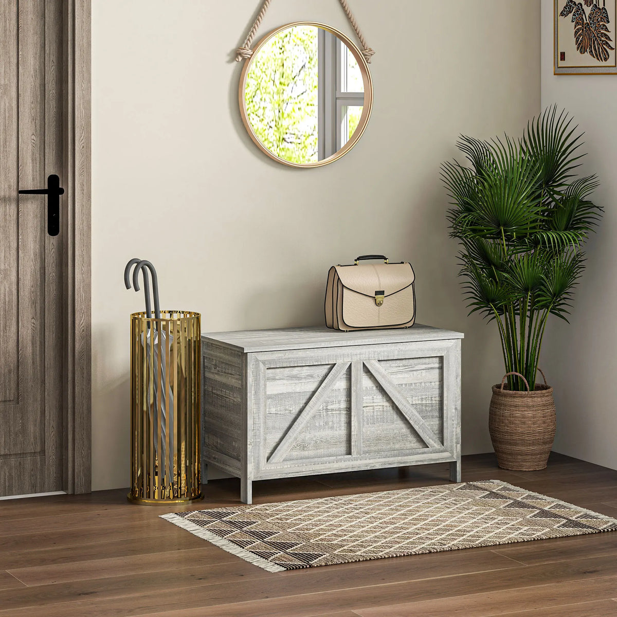 Greywick compact storage bench styled beneath a mirror in an entryway