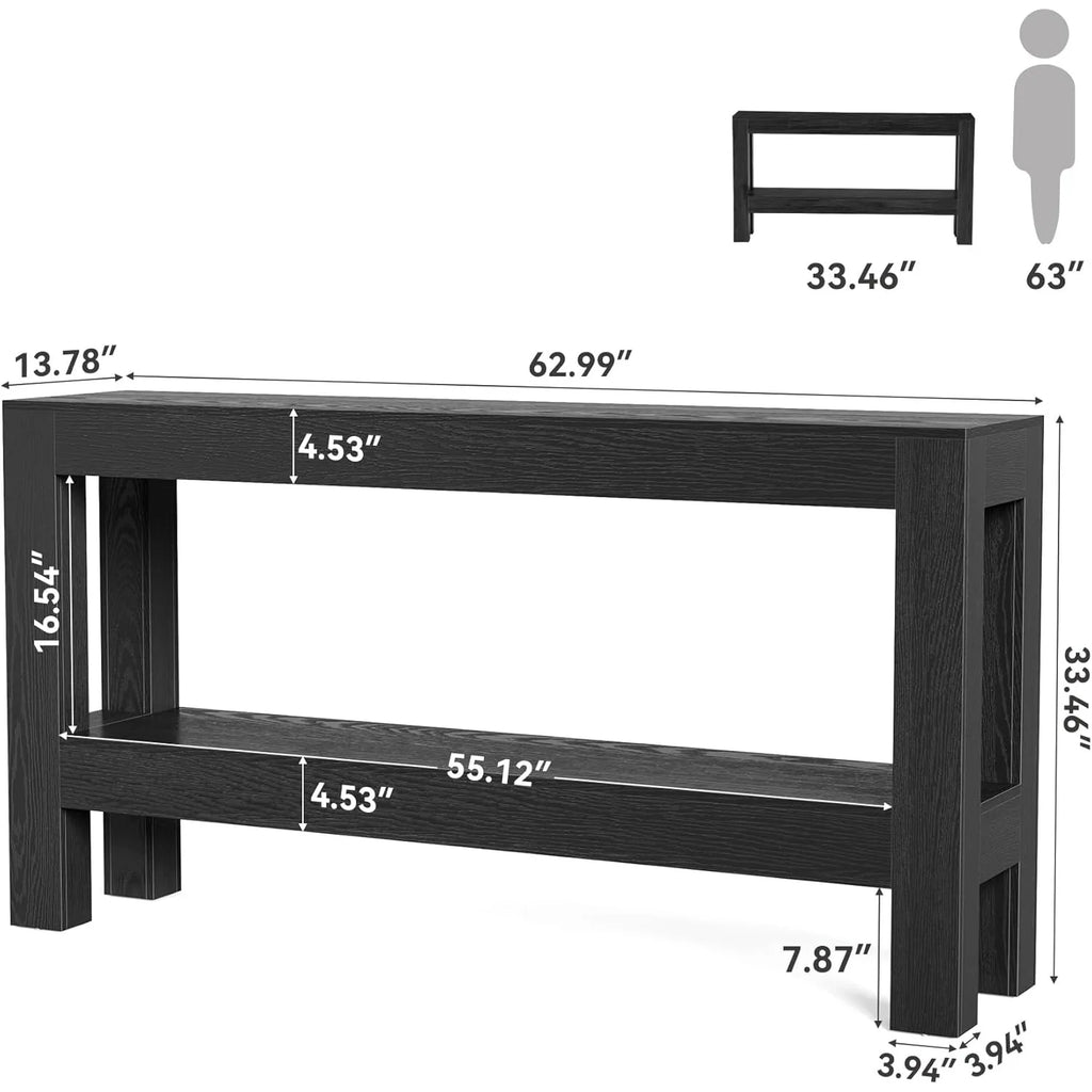 Black console table with dimensions labeled on a white background