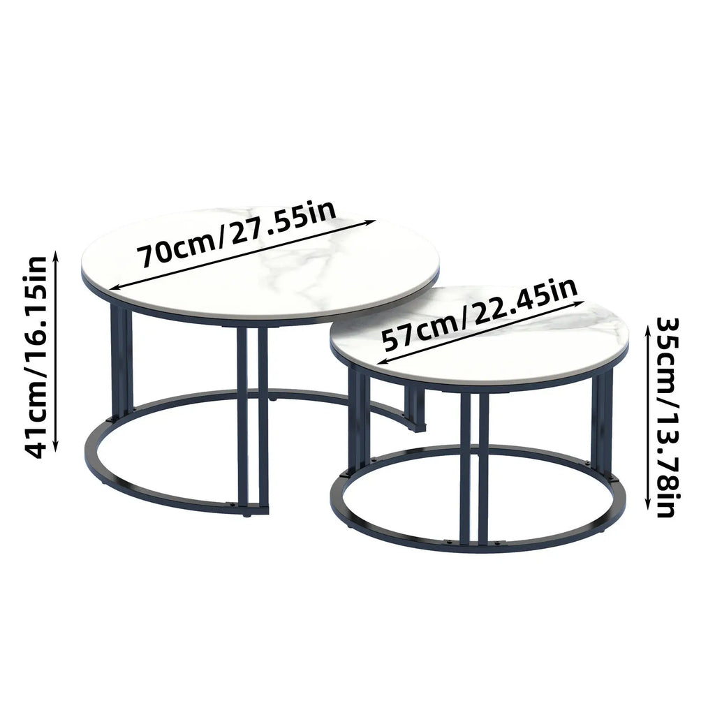 Two round coffee tables with dimensions labeled on a white background