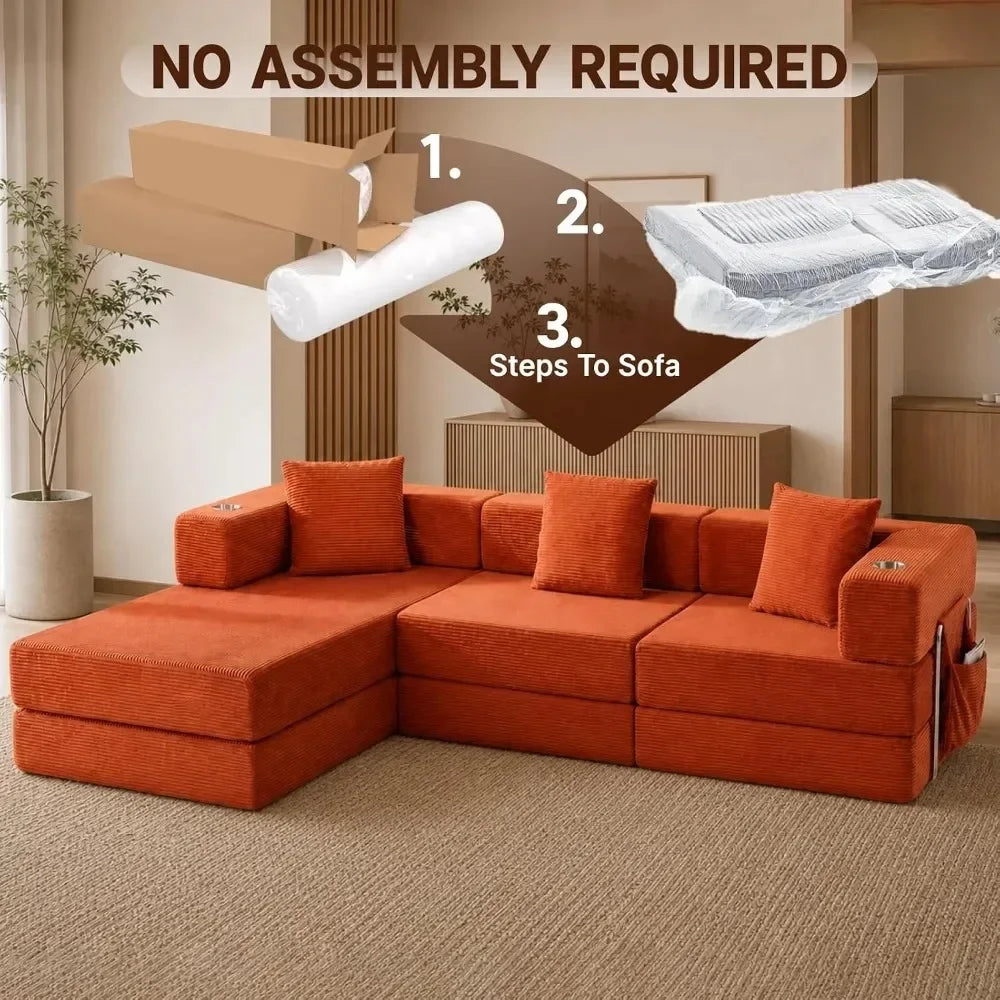 Sectional setup graphic showing unpacking and cushion expansion