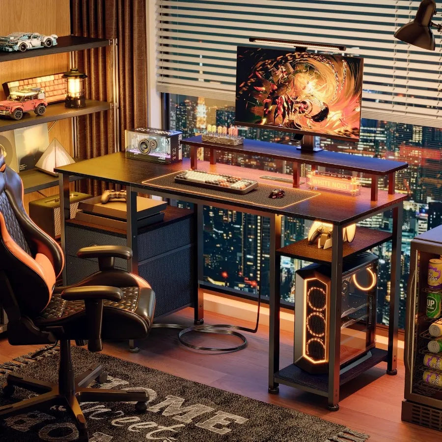 Black computer desk staged with a monitor and tower on its lower shelf