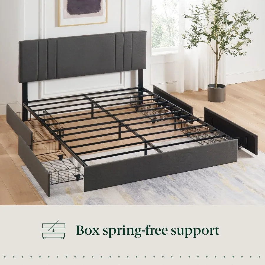 Box spring-free support graphic showing the metal slat platform and four storage baskets.