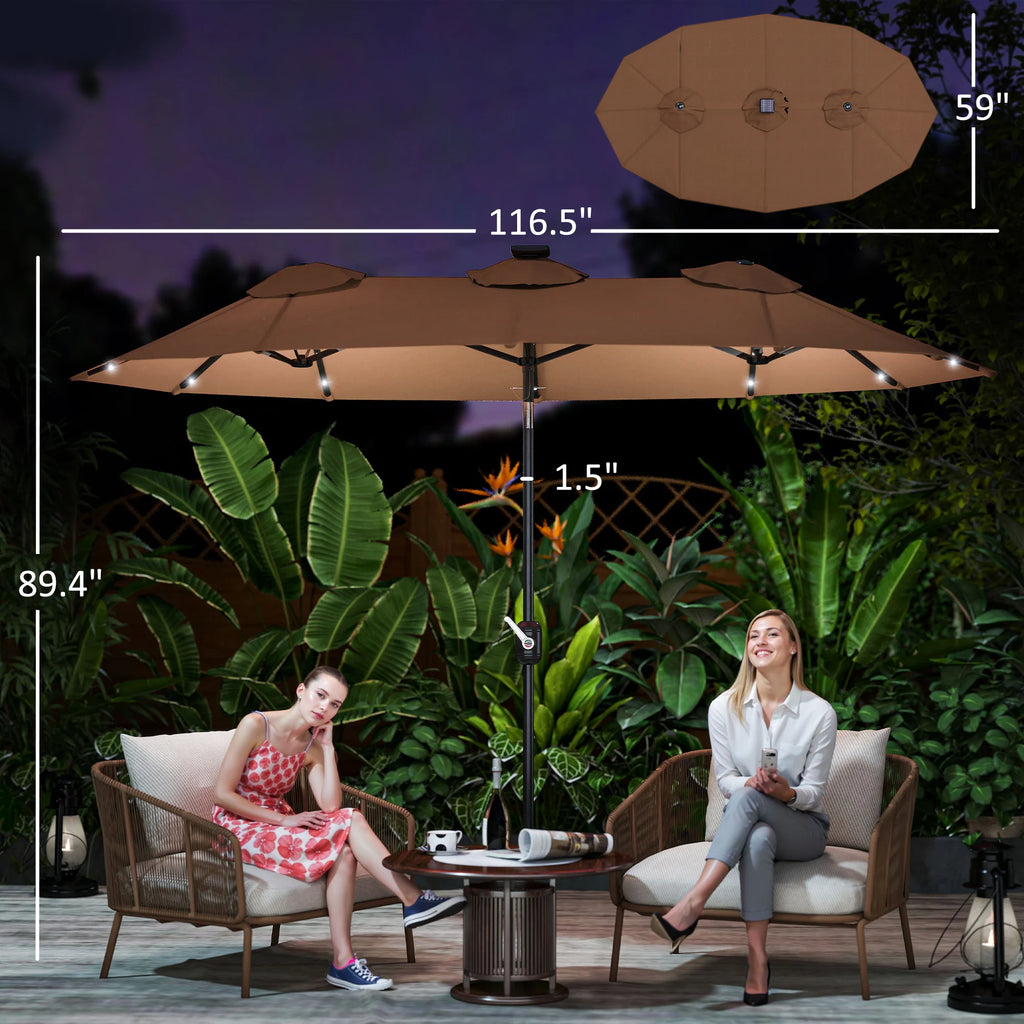 Solara Twin-Canopy Solar LED Patio Umbrella – Coffee