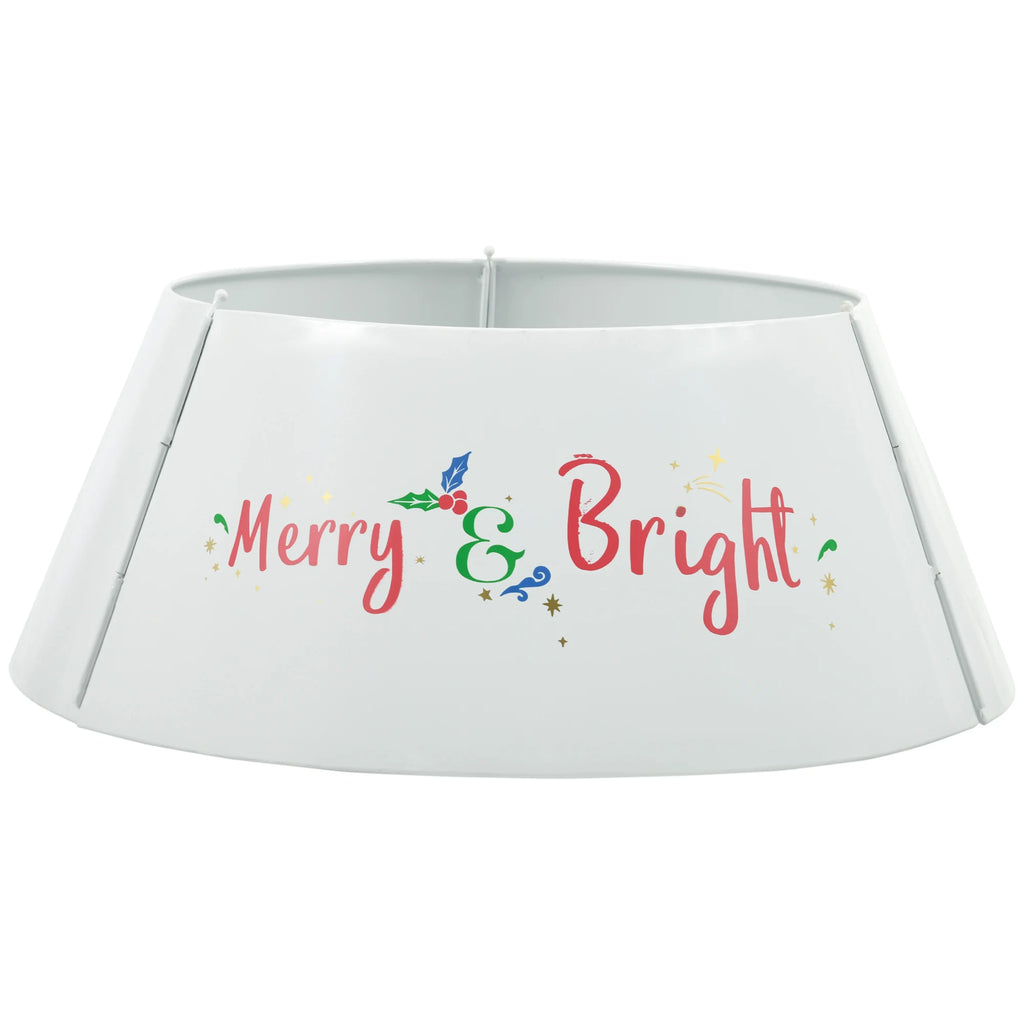 Merrybright cream-white steel Christmas tree collar with Merry & Bright holiday lettering