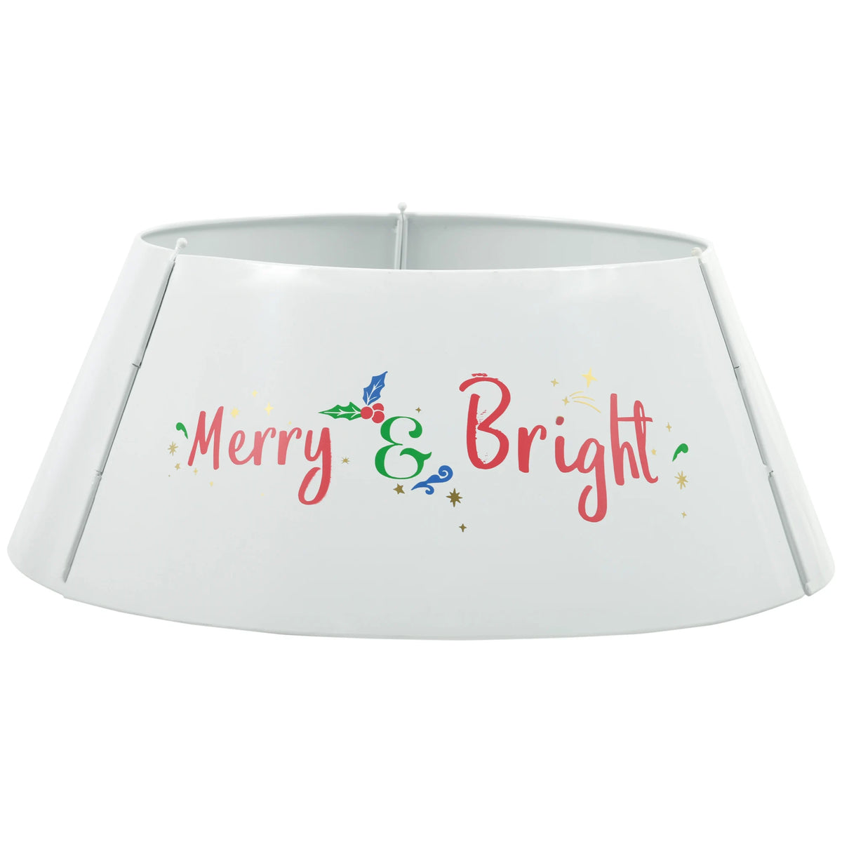 Merrybright cream-white steel Christmas tree collar with Merry & Bright holiday lettering