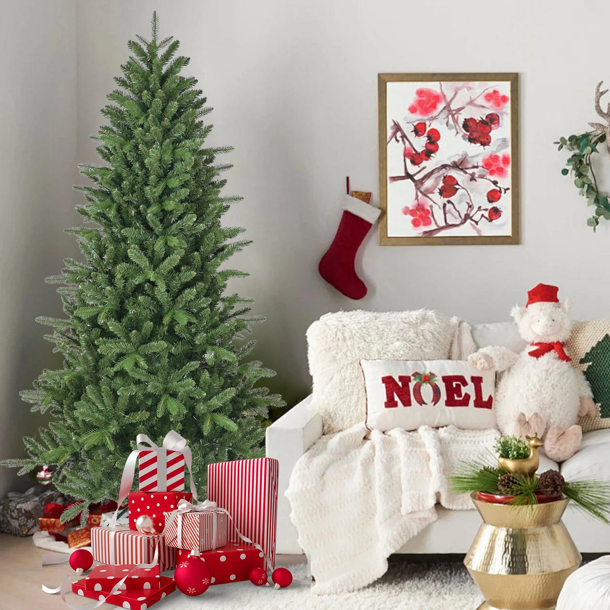 Greenhaven unlit green tree in a holiday living-room setting