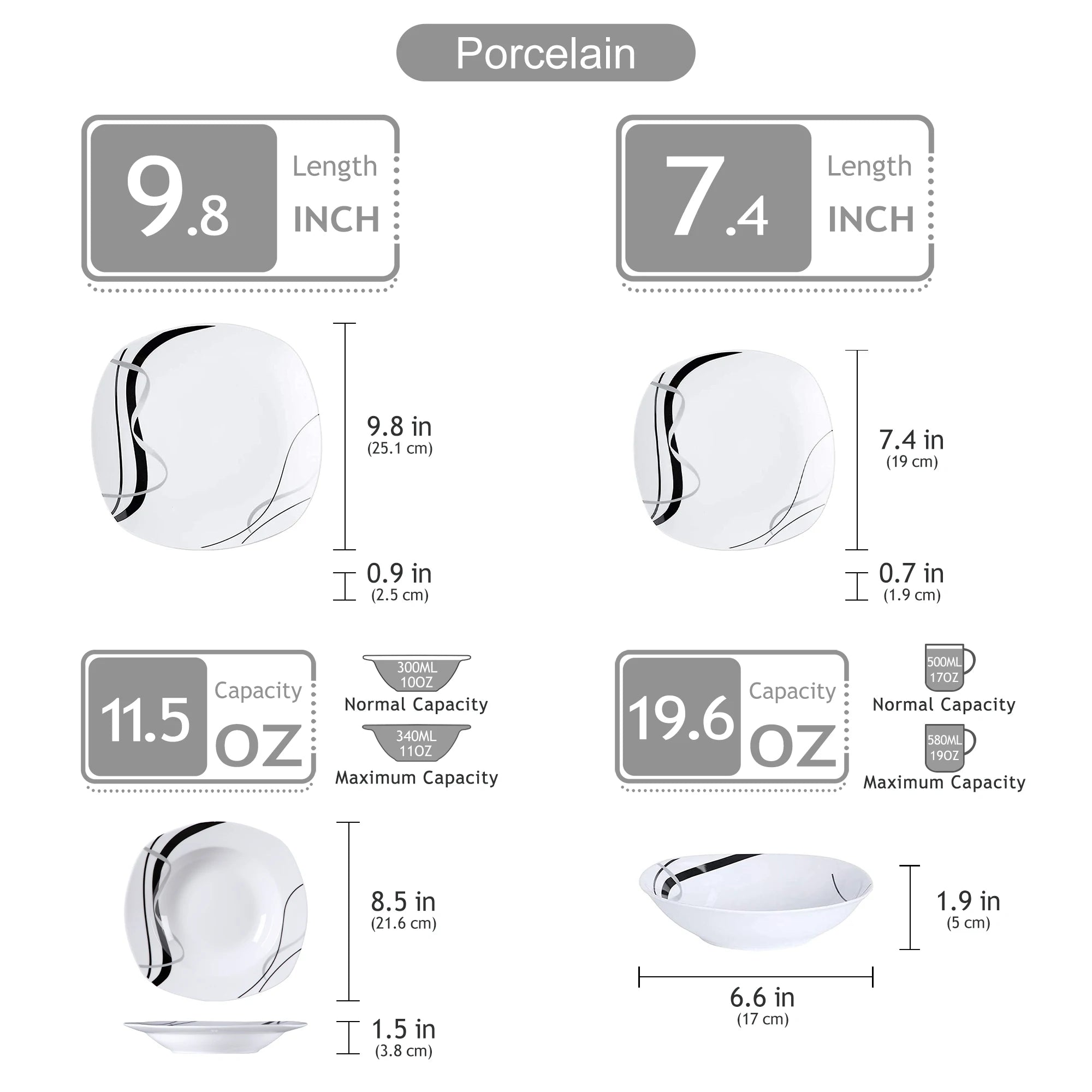 VEWEET Fiona Porcelain Dinnerware Set – 18/36 Pieces, Gray & Black Lines