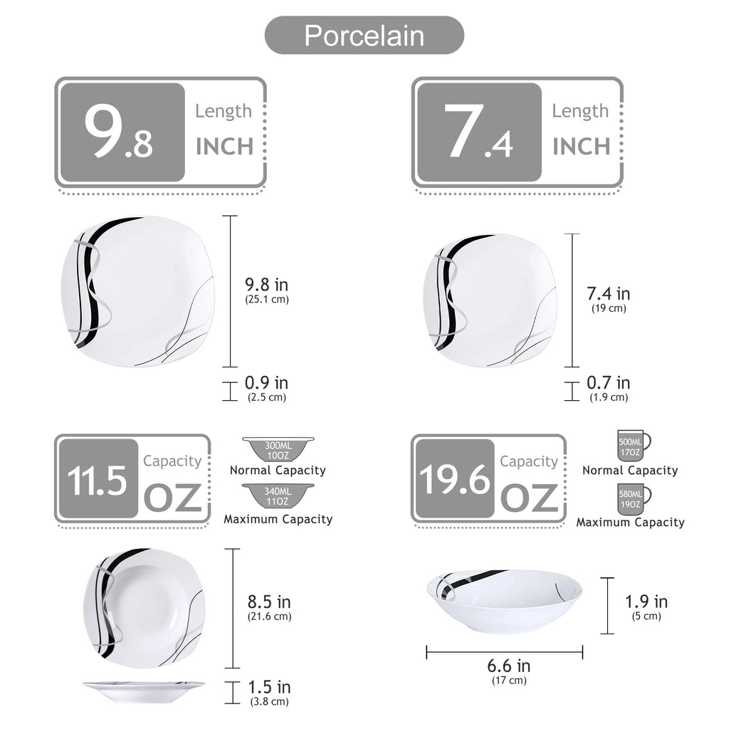 VEWEET Fiona Porcelain Dinnerware Set – 18/36 Pieces, Gray & Black Lines