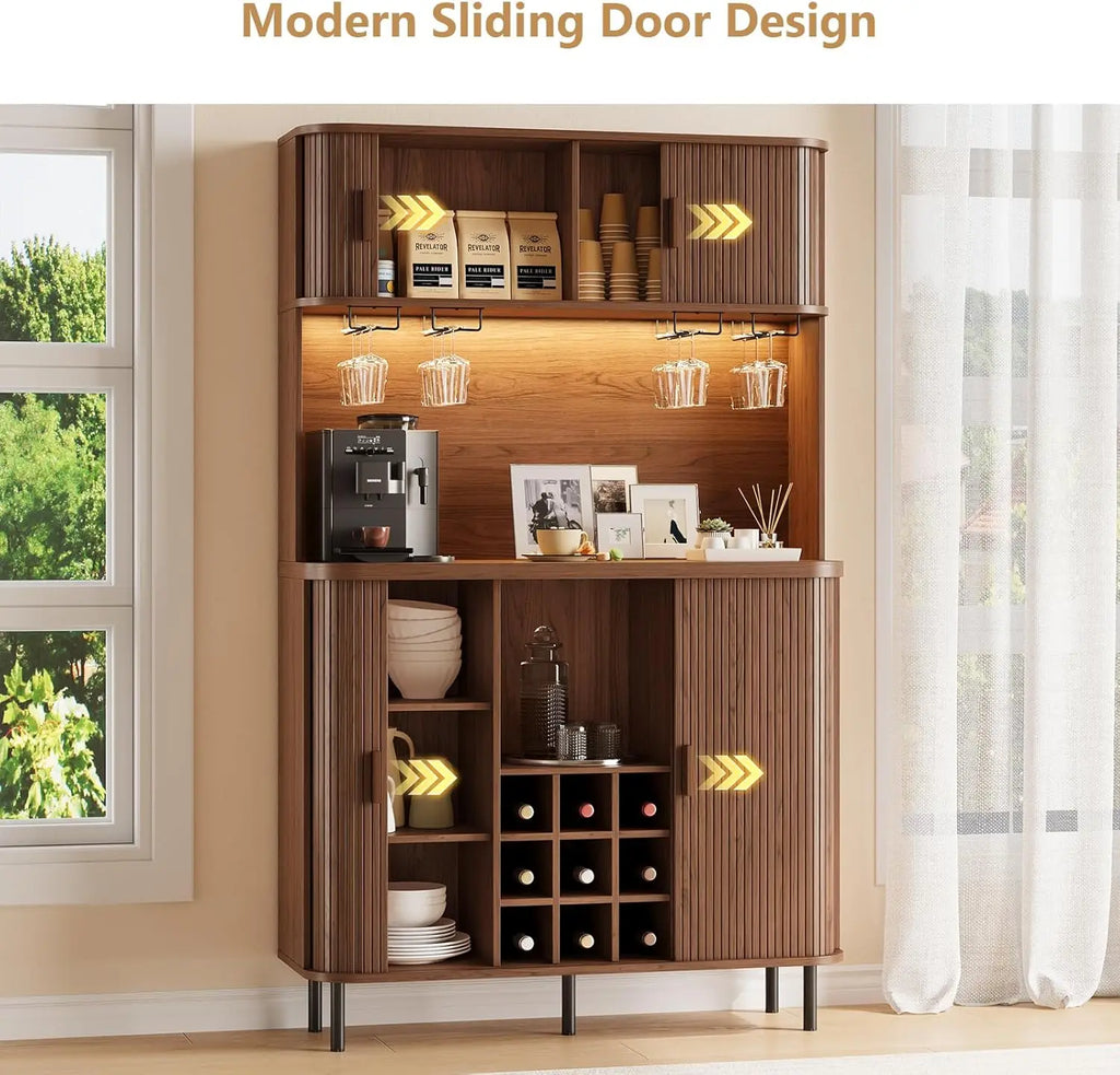 Sablenote brown bar cabinet with sliding fluted doors open to shelves and a nine-cubby wine rack.