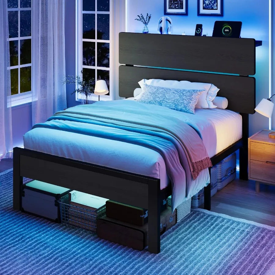 Black twin bed with blue LED headboard lighting and open under-bed storage space