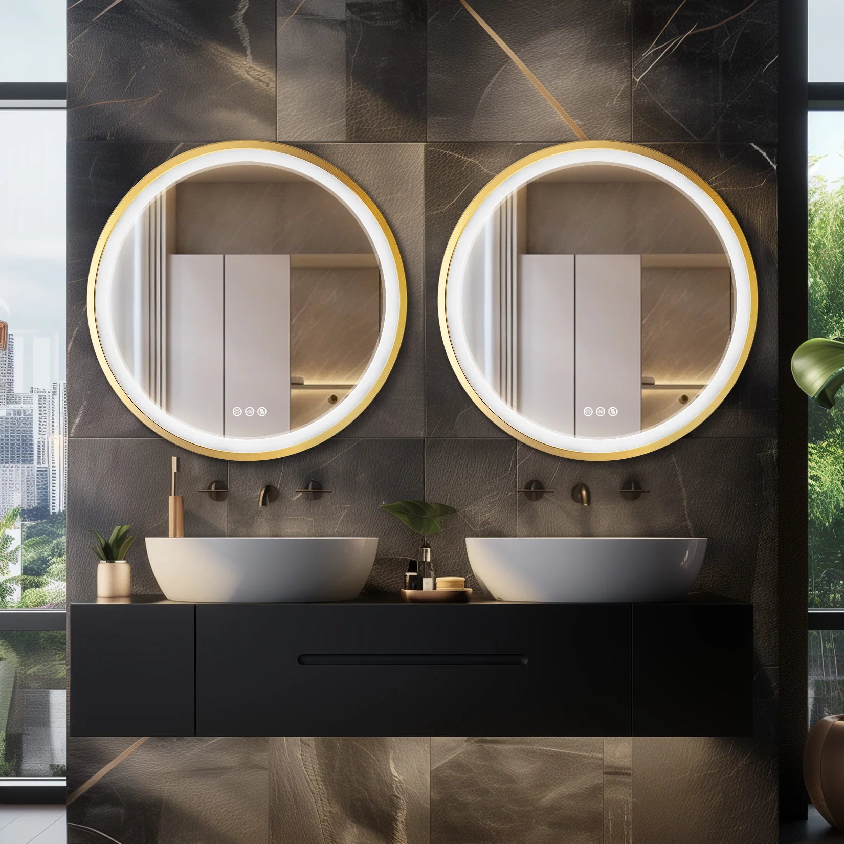 Round LED Bathroom Mirror – Gold Aluminum Frame, Anti-Fog