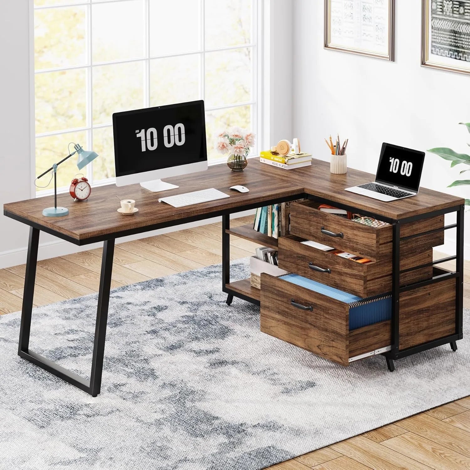 L-Shaped Computer Desk with Drawers & Shelves – Rustic Brown