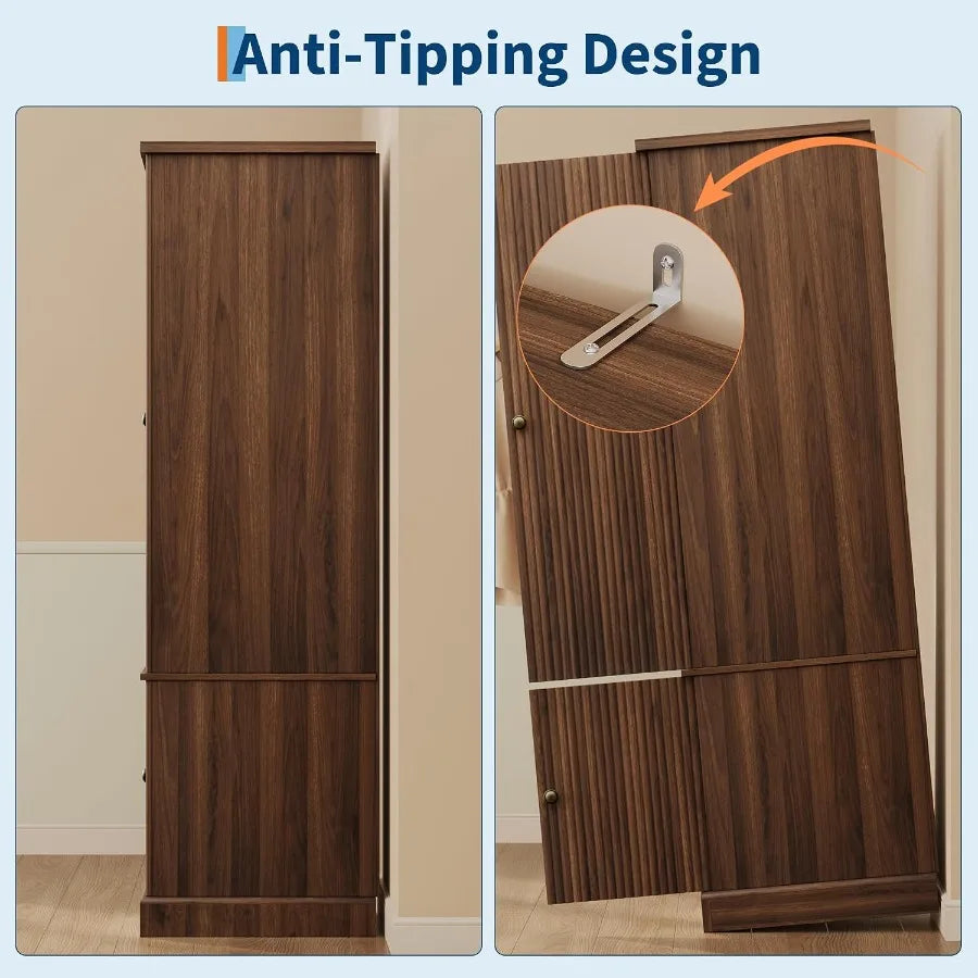 Anti-tipping graphic showing a wall-attachment bracket securing the top of the narrow wardrobe.