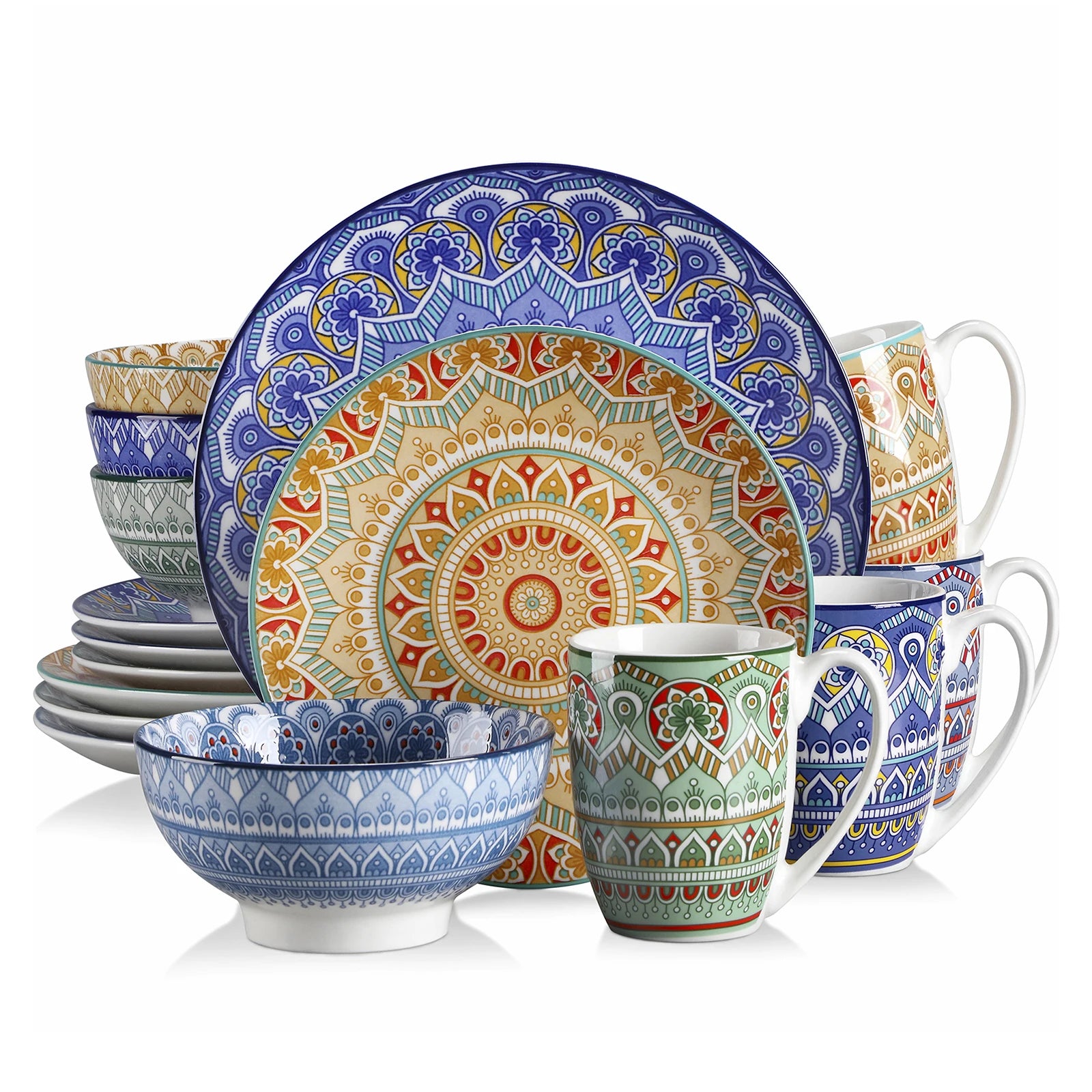 Colorful ceramic dinnerware set with geometric patterns on a white background