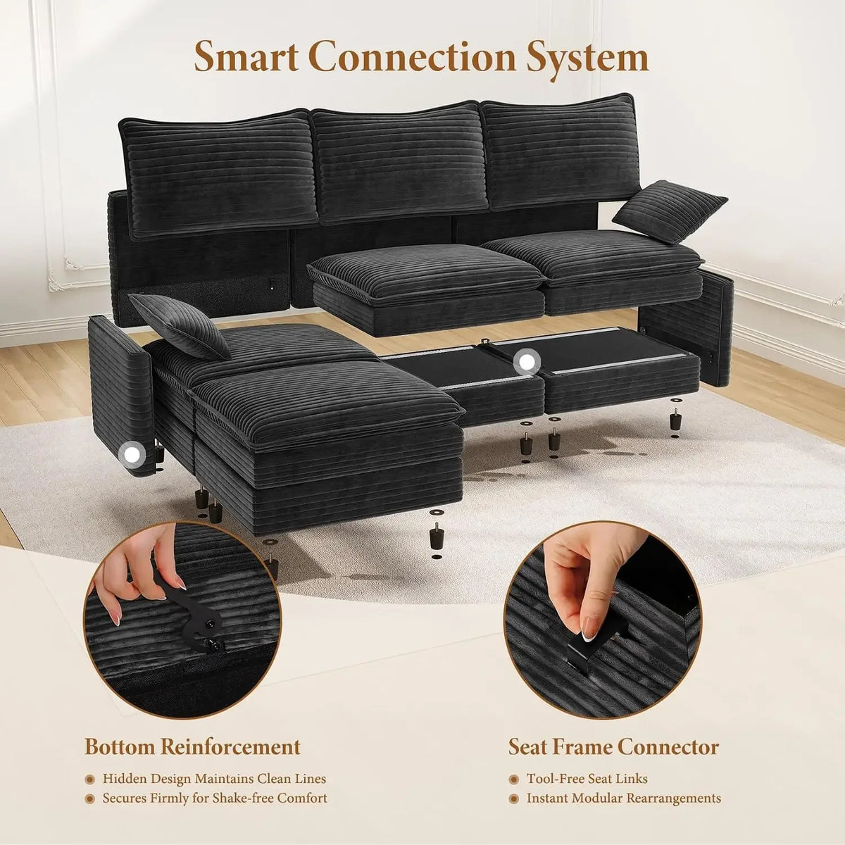 Vellune modular assembly diagram showing seat connectors and underside reinforcement