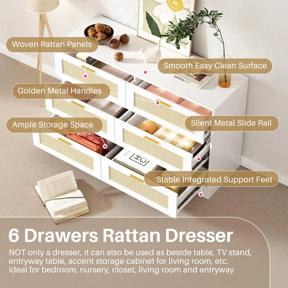 Merewick White dresser feature card showing woven rattan panels, metal handles, drawer slides and integrated supports