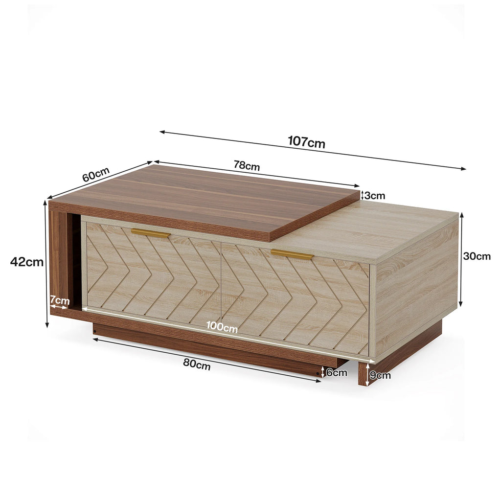Wooden coffee table with dimensions labeled on a white background