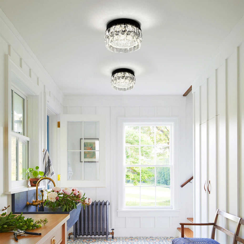 Glacielle: Two crystal flush-mount lights shown along a narrow room
