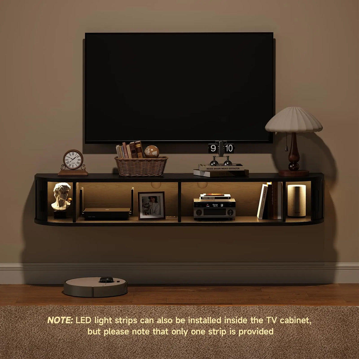 Black cabinet shown with illuminated storage sections; the graphic notes that one light strip is provided.