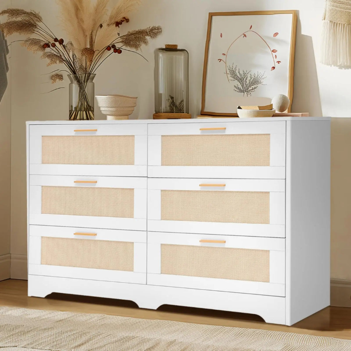 Merewick White six-drawer dresser with woven panels and gold-tone handles