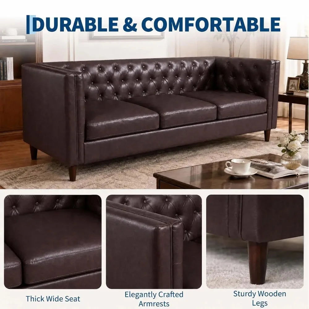 Brown Fennwick three-seat faux-leather sofa with cushioned seats and tapered wood-tone legs