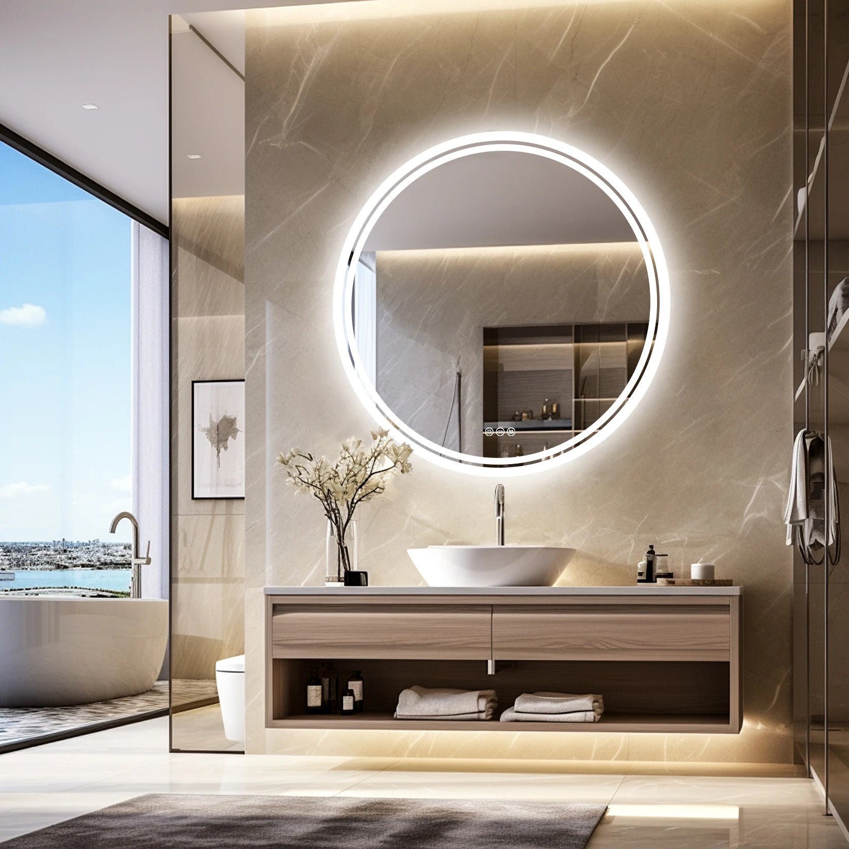 Modern bathroom with a round illuminated mirror, sink, and marble walls.