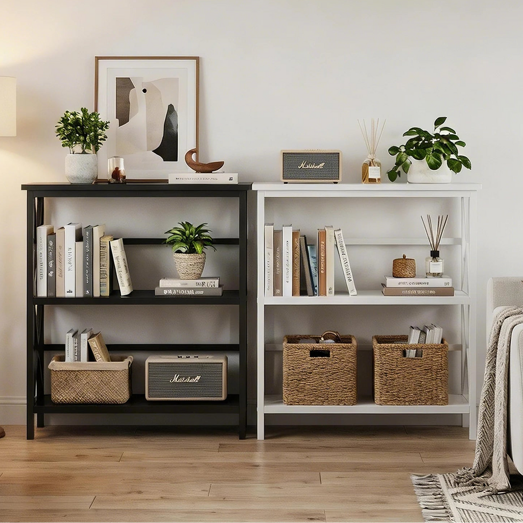 Two bookshelves with decorative items in a room setting, with text 'Choose Your Favorite Color' above.
