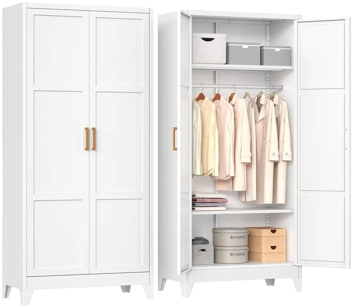 White color variant of Harvelle metal hinged-door wardrobe shown open and closed